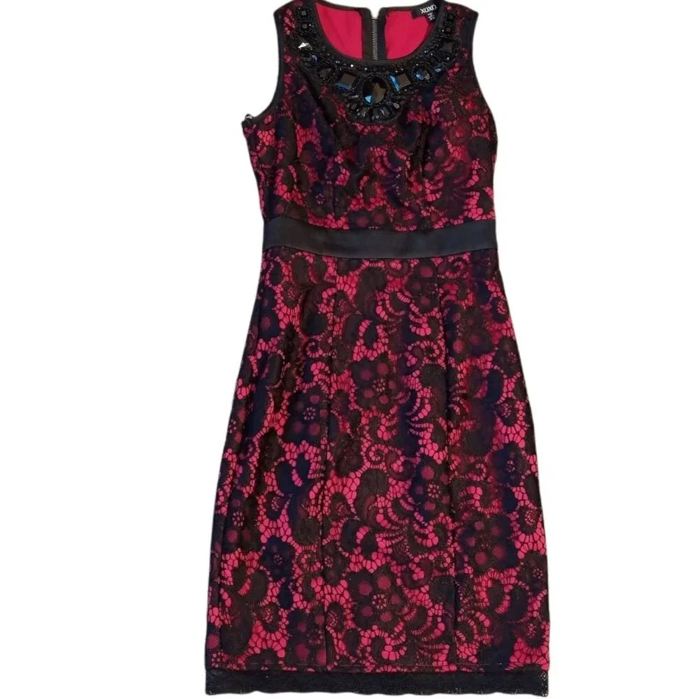 XOXO Red Black Lace Beaded Dress